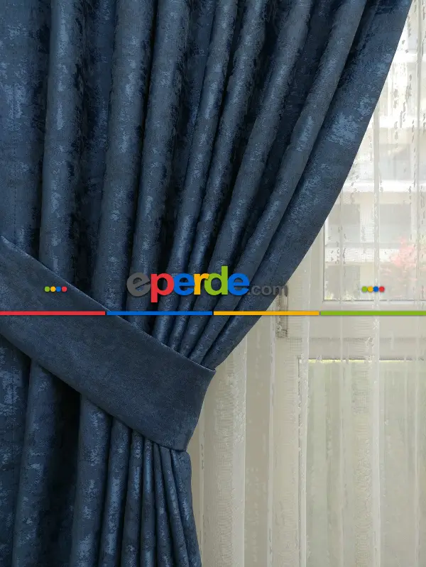 Patinedesenli Lacivert - Katyonik Jakar Fon Perde- Lacivert