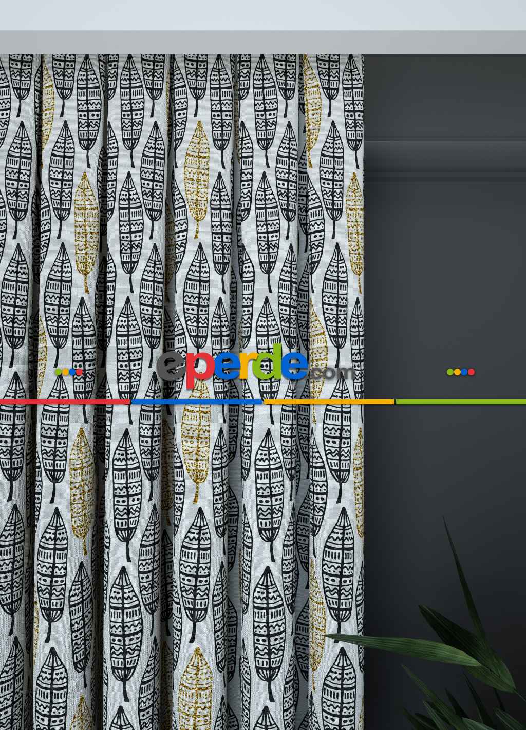 Dökümlü Kumaştan Siyah Etnik Yaprak Desenli Baskılı Fon Perde 1. Kalite