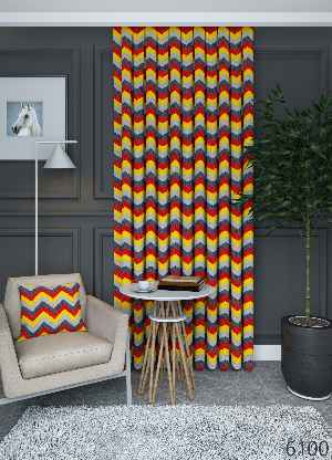 Dökümlü Kumaştan Sarı Kırmızı Zikzak Desenli Fon Perde 1. Kalite
