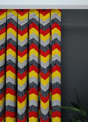 Genç Odası - Dökümlü Kumaştan Sarı Kırmızı Zikzak Desenli Fon Perde 1. Kalite