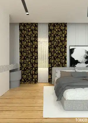 Dökümlü Kumaştan Siyah Sarı Yaprak Desenli Baskılı Fon Perde Geniş En 1. Kalite