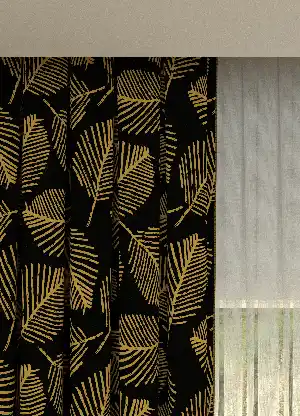 Dökümlü Kumaştan Siyah Sarı Yaprak Desenli Baskılı Fon Perde Geniş En 1. Kalite