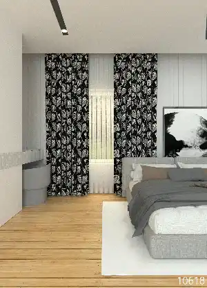 Dökümlü Kumaştan Siyah Yaprak Desenli Baskılı Fon Perde Geniş En 1. Kalite