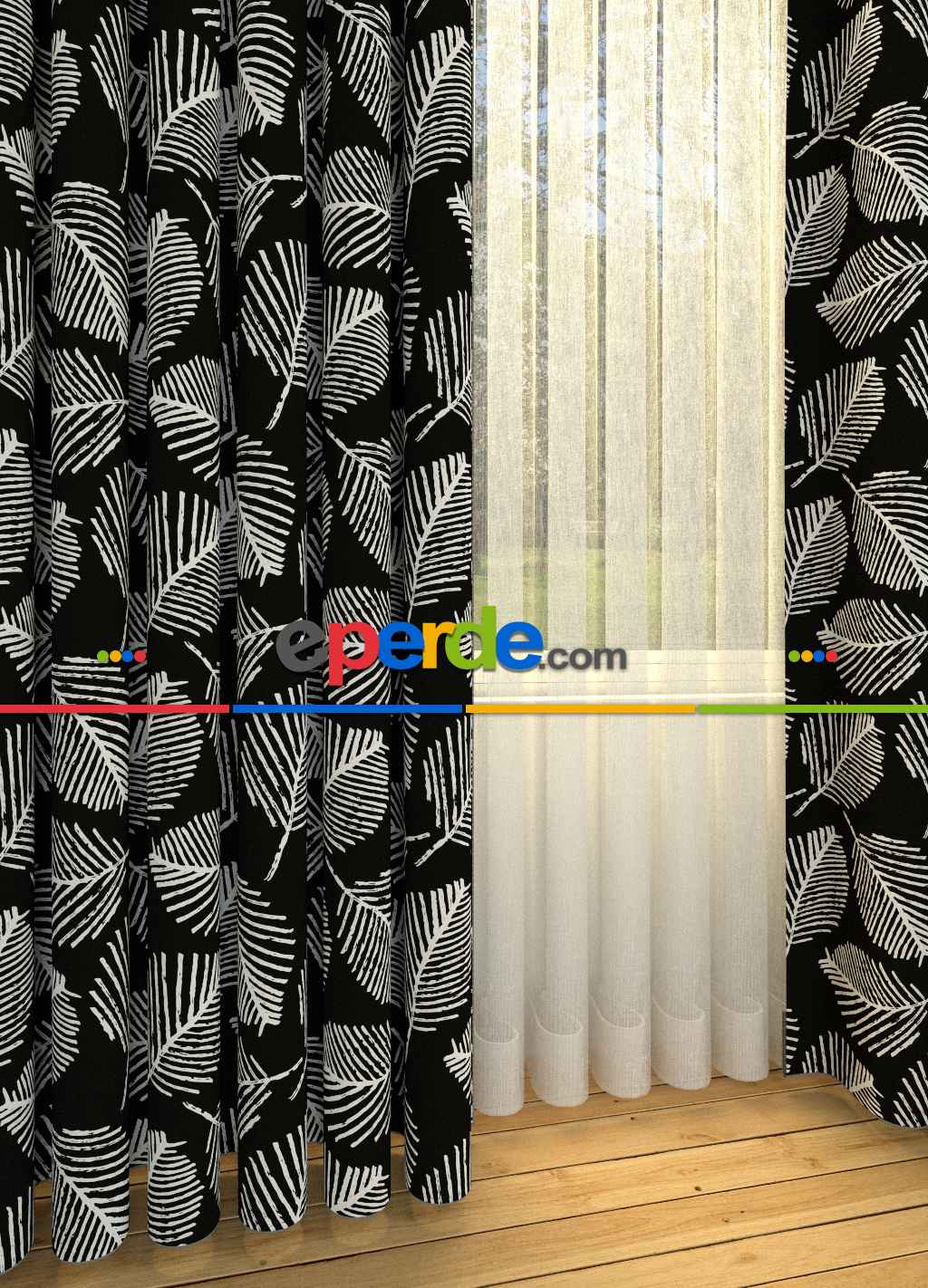 Dökümlü Kumaştan Siyah Yaprak Desenli Baskılı Fon Perde Geniş En 1. Kalite
