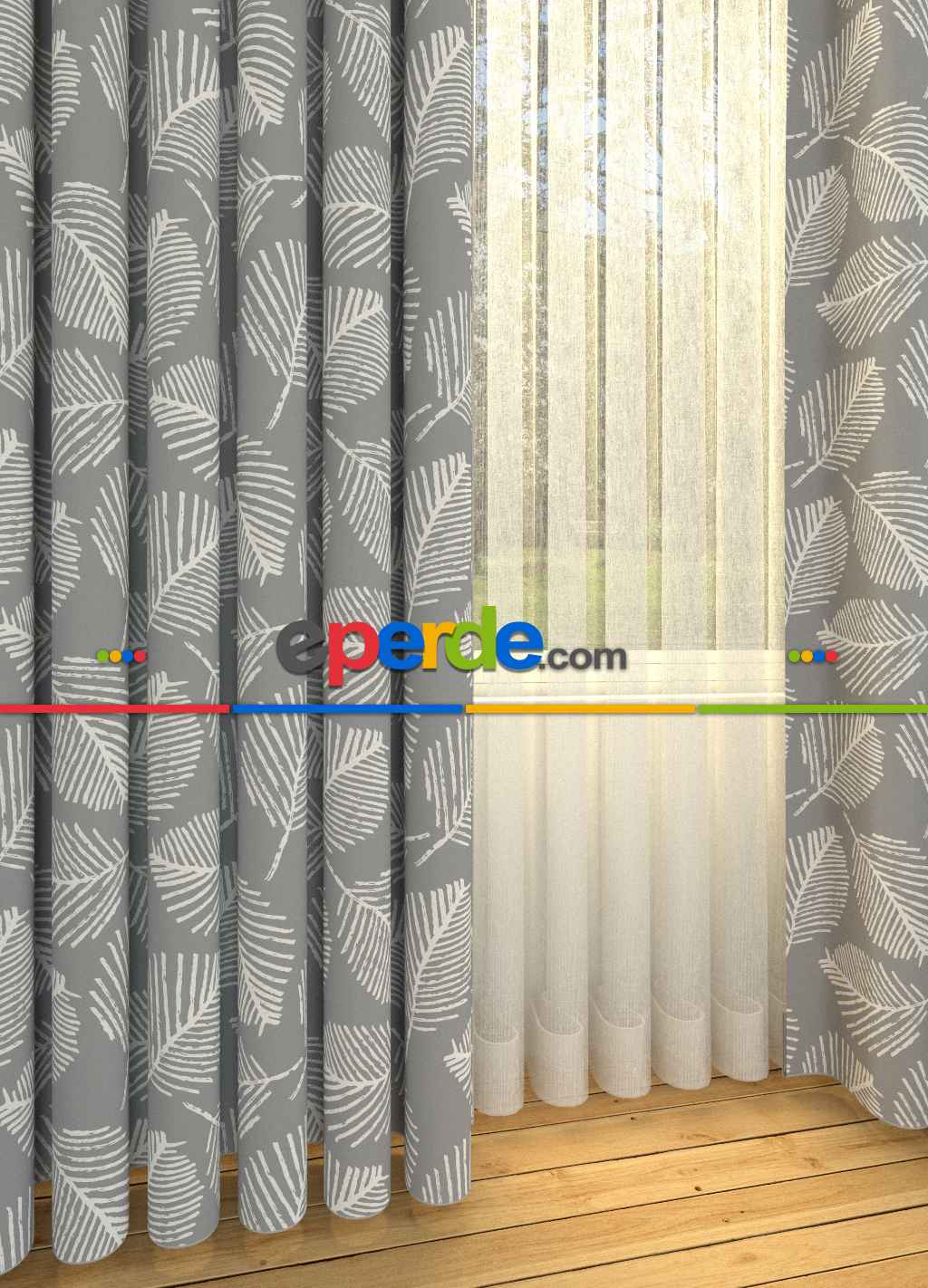 Dökümlü Kumaştan Açık Gri Yaprak Desenli Baskılı Fon Perde Geniş En 1. Kalite