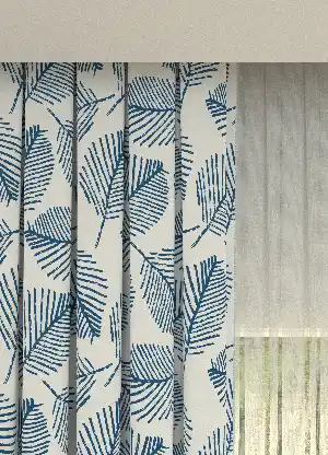 Dökümlü Kumaştan Mavi Yaprak Desenli Baskılı Fon Perde Geniş En 1. Kalite