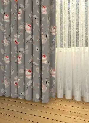 Dökümlü Kumaştan Gri Çiçek Ve Yaprak Desenli Baskılı Fon Perde Geniş En 1. Kalite