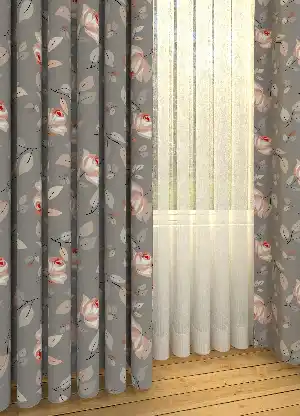 Dökümlü Kumaştan Gri Çiçek Ve Yaprak Desenli Baskılı Fon Perde Geniş En 1. Kalite