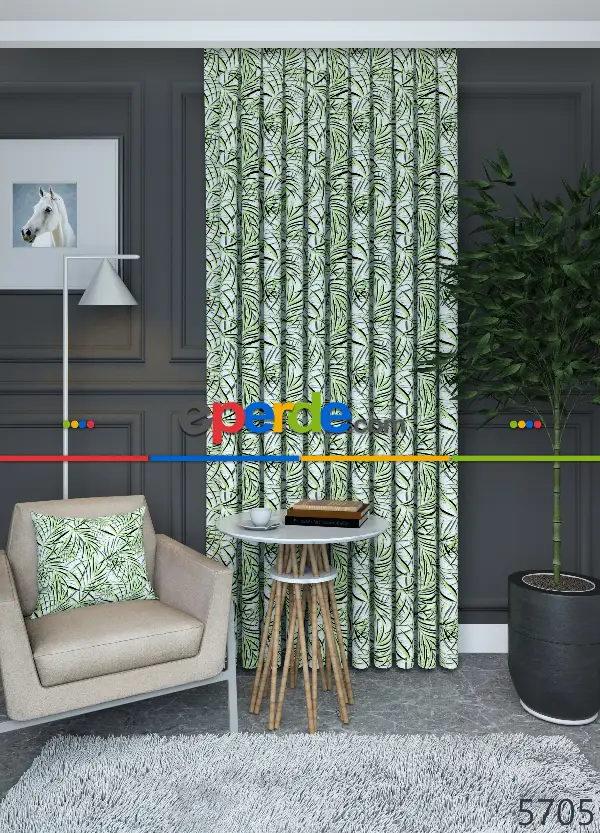 Dökümlü Kumaştan Yeşil Geniş En Yaprak Desenli Fon Perde 1. Kalite