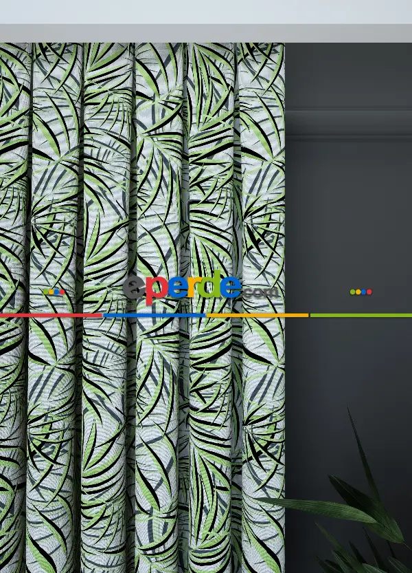 Dökümlü Kumaştan Yeşil Geniş En Yaprak Desenli Fon Perde 1. Kalite