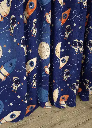 Dökümlü Kumaştan Lacivert Orta Boy Uzay Temalı Desenli Baskılı Fon Perde Geniş En 1. Kalite