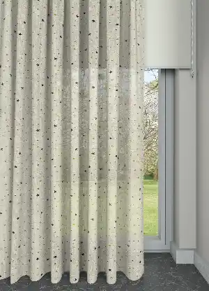 Çocuk Odası - Koyu Krem Yıldız Desenli Keten Zeminli Baskılı Tül Perde - Bebek Odası