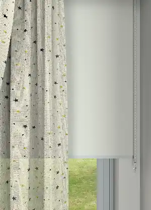Çocuk Odası - Koyu Krem Yıldız Desenli Keten Zeminli Baskılı Tül Perde - Bebek Odası