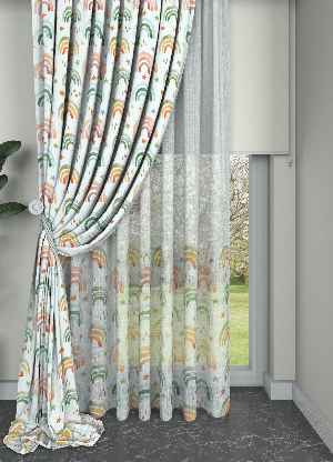 Yeşil Turuncu Gökkuşağı Desenli Baskılı Fon Perde Geniş En 1. Kalite