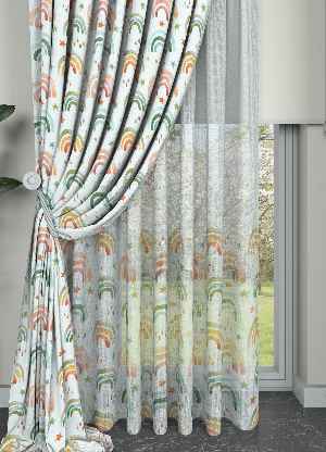 Yeşil Turuncu Gökkuşağı Desenli Baskılı Fon Perde Geniş En 1. Kalite