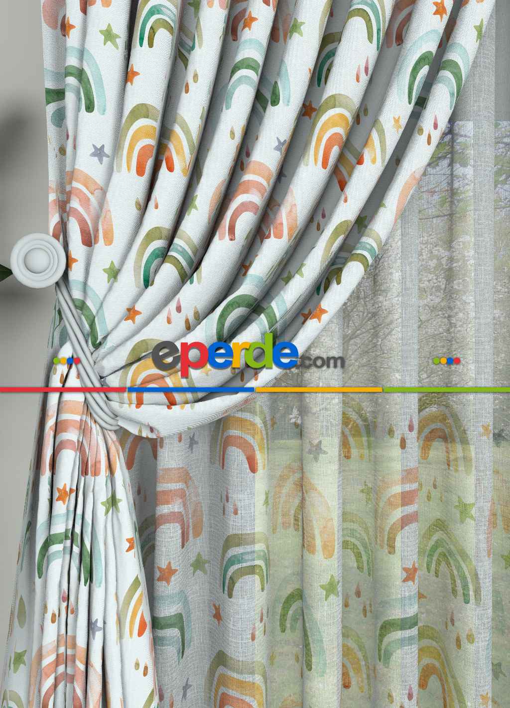 Yeşil Turuncu Gökkuşağı Desenli Baskılı Fon Perde Geniş En 1. Kalite