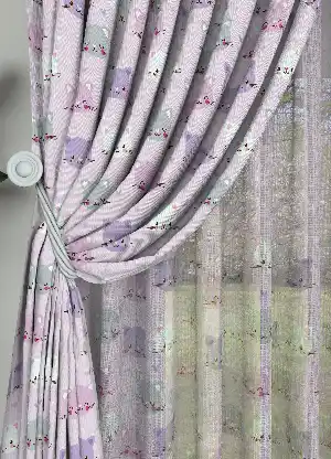 Dökümlü Kumaştan Pembe Lila Kedi Desenli Baskılı Fon Perde Geniş En 1. Kalite