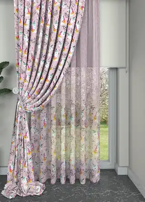 Pembe Unicorn Desenli Baskılı Fon Perde Geniş En 1. Kalite