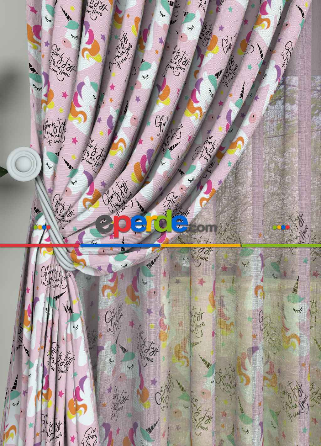 Pembe Unicorn Desenli Baskılı Fon Perde Geniş En 1. Kalite