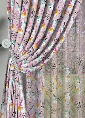 Pembe Unicorn Desenli Baskılı Fon Perde Geniş En 1. Kalite