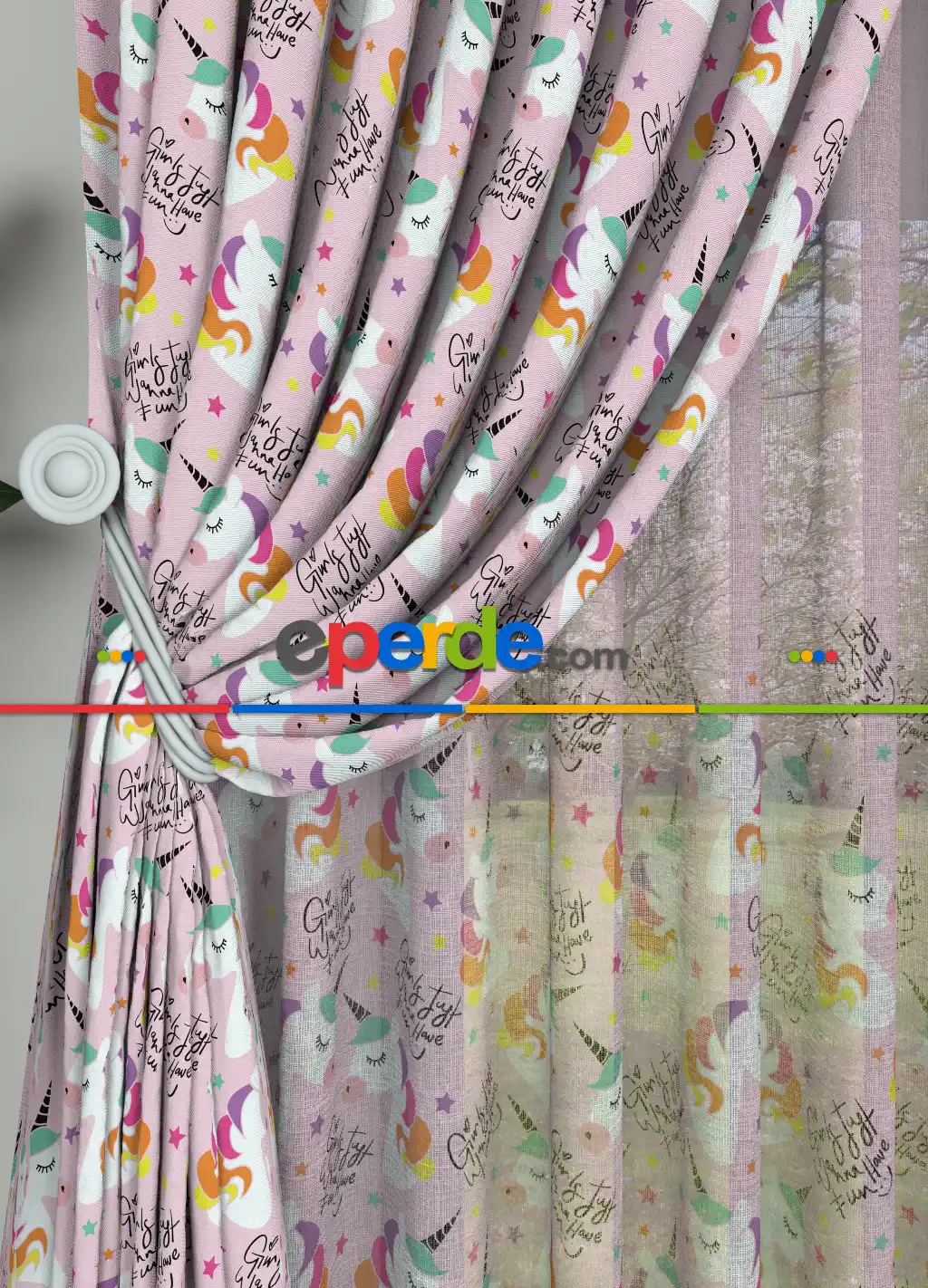 Pembe Unicorn Desenli Baskılı Fon Perde Geniş En 1. Kalite
