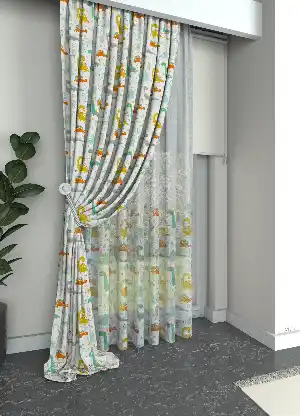 Turuncu Sarı Dinozor Desenli Baskılı Fon Perde Geniş En 1. Kalite