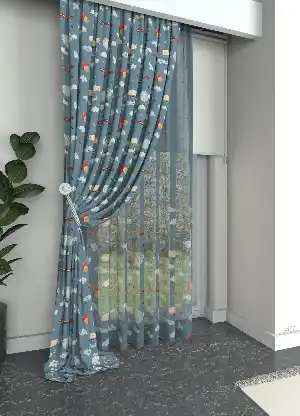 Dökümlü Kumaştan Mavi Uçan Balon ve Uçak Desenli Baskılı Fon Perde Geniş En 1. Kalite