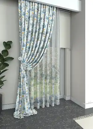 Bebek Odası - Dökümlü Kumaştan Mavi Uçan Balon Desenli Baskılı Fon Perde Geniş En 1. Kalite