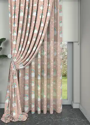 Bebek Odası - Pembe Gökkuşağı ve Bulut Desenli Keten Zeminli Baskılı Tül Perde (( Açıklamayı Okuyunuz ))