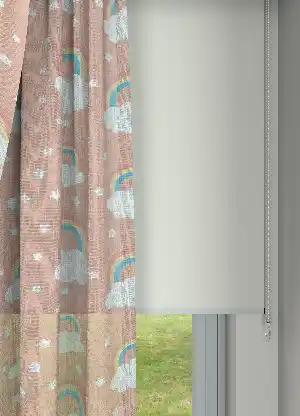 Bebek Odası - Pembe Gökkuşağı ve Bulut Desenli Keten Zeminli Baskılı Tül Perde (( Açıklamayı Okuyunuz ))