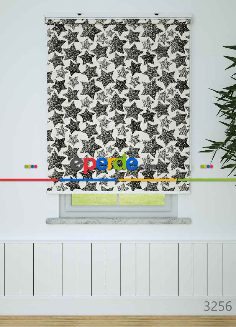 Yıldız Desenli Baskılı Stor Perde Siyah-beyaz
