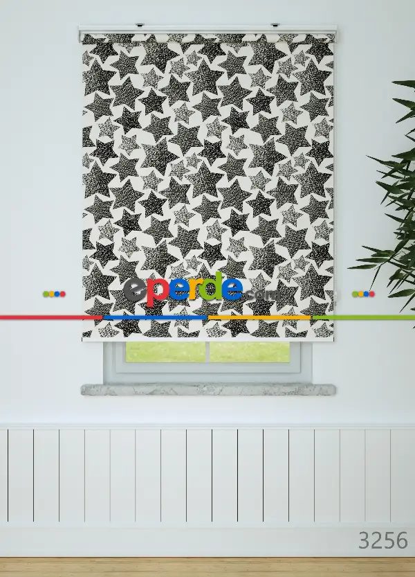 Yıldız Desenli Baskılı Stor Perde Siyah-beyaz