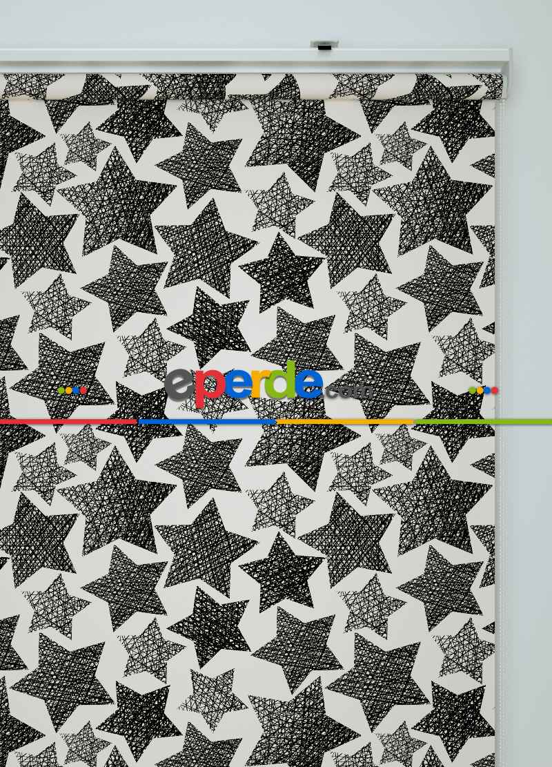 Yıldız Desenli Baskılı Stor Perde Siyah-beyaz