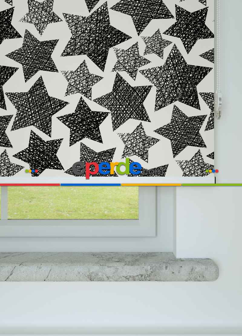 Yıldız Desenli Baskılı Stor Perde Siyah-beyaz