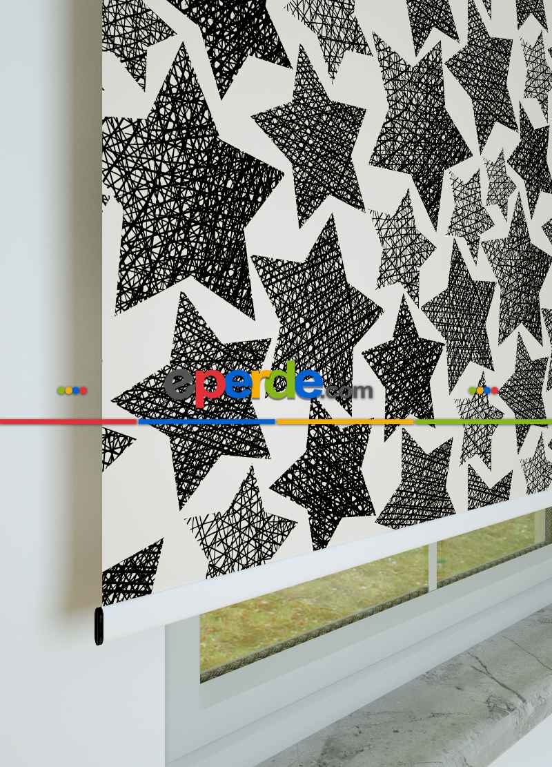 Yıldız Desenli Baskılı Stor Perde Siyah-beyaz