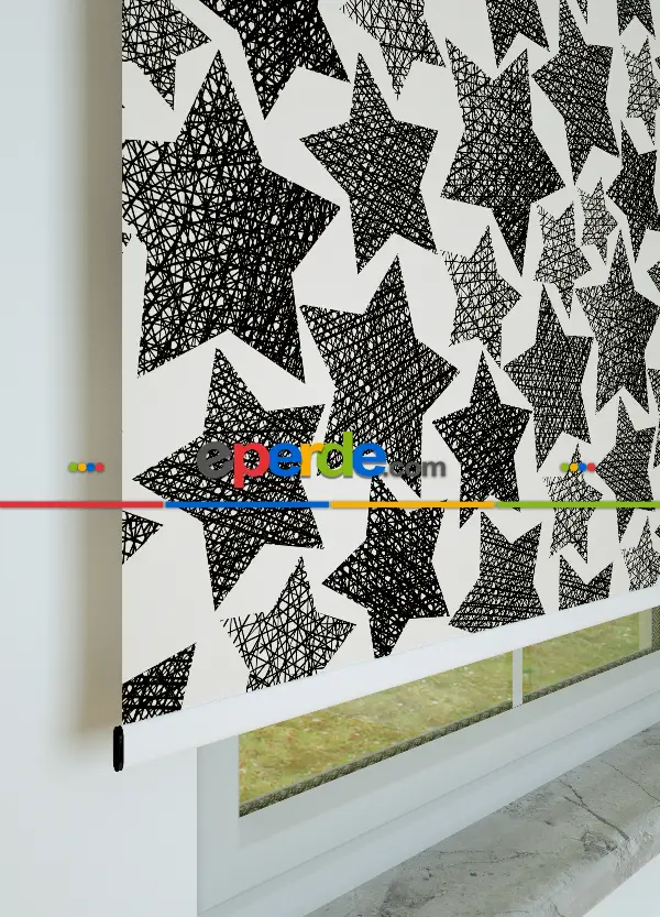 Yıldız Desenli Baskılı Stor Perde Siyah-beyaz