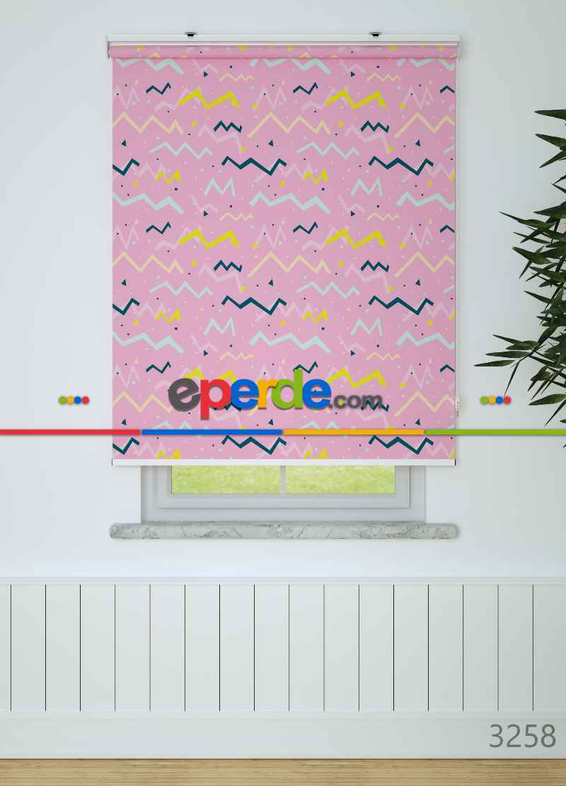 Pembe Zigzag Desenli Baskılı Stor Perde- Yeşil-pembe-ekru