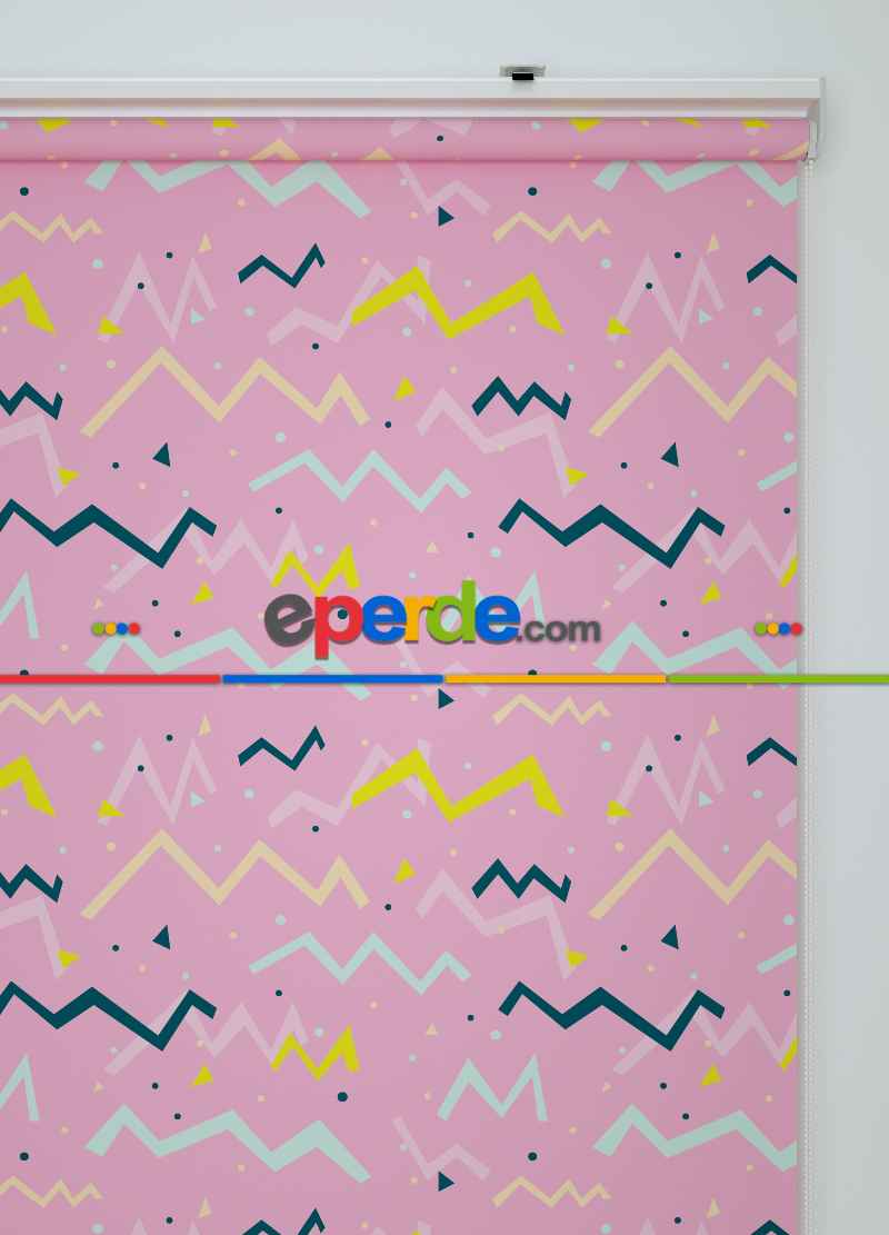 Pembe Zigzag Desenli Baskılı Stor Perde- Yeşil-pembe-ekru
