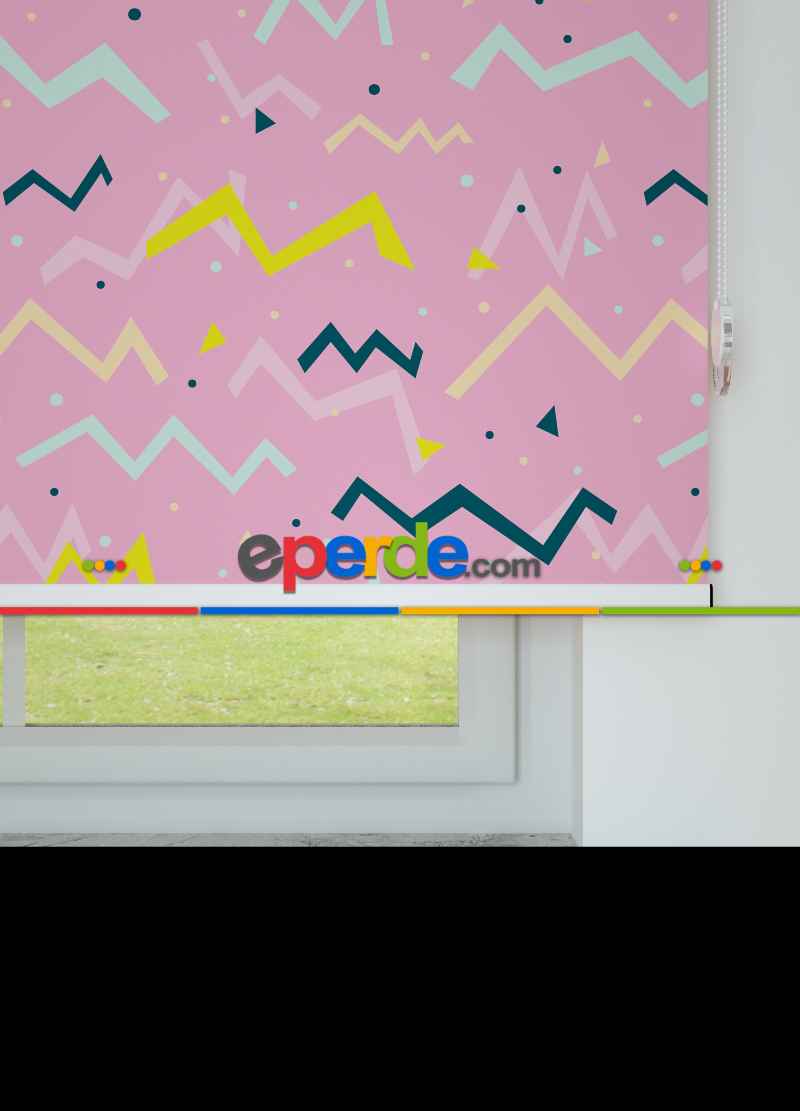 Pembe Zigzag Desenli Baskılı Stor Perde- Yeşil-pembe-ekru