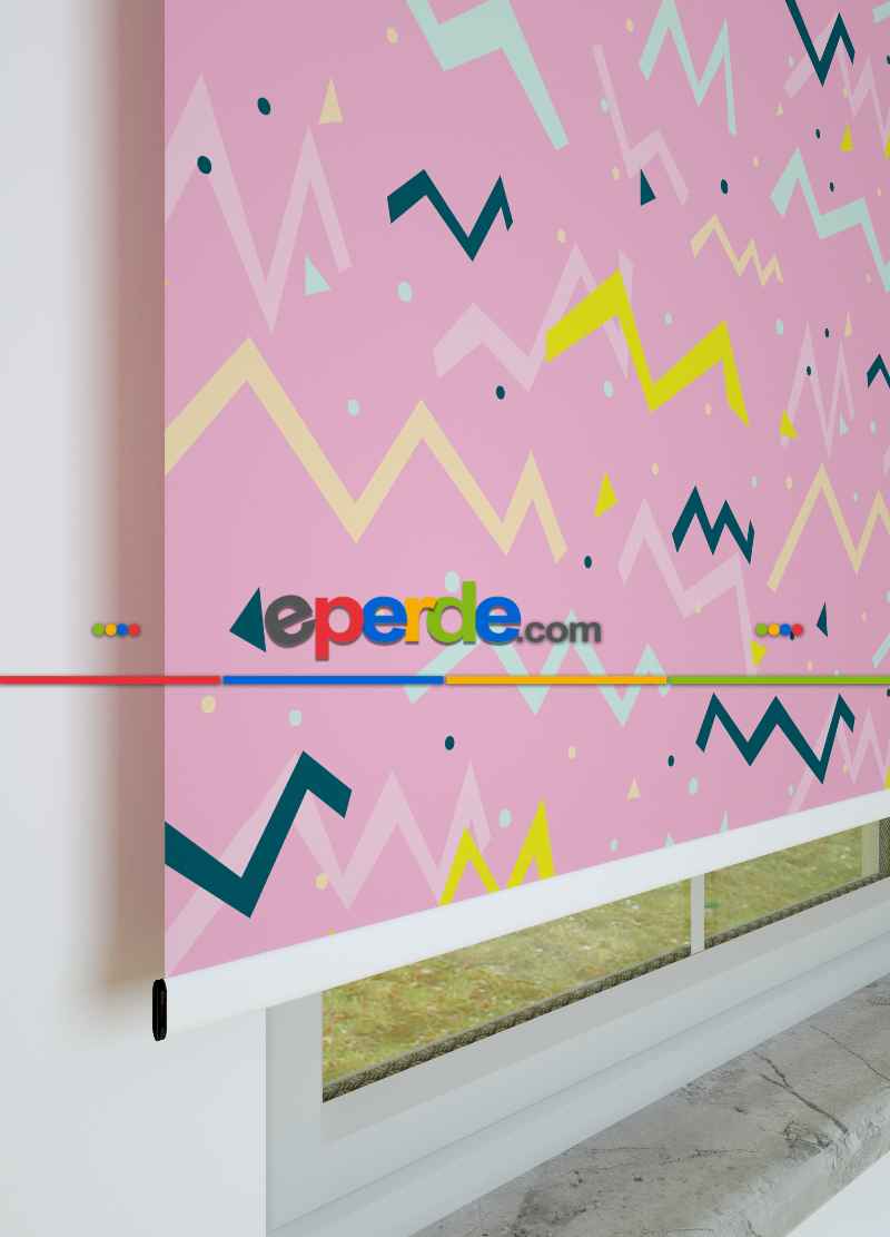 Pembe Zigzag Desenli Baskılı Stor Perde- Yeşil-pembe-ekru
