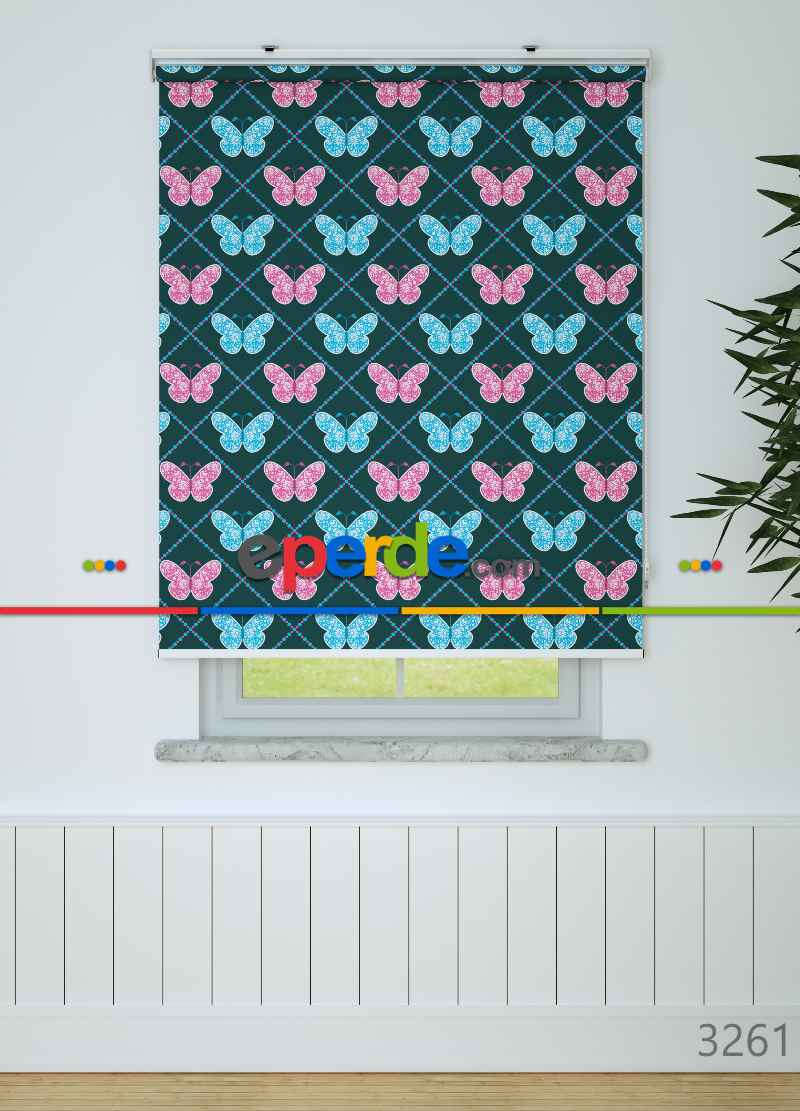Kelebek Desenli Baskılı Stor Perde Pembe -mavi