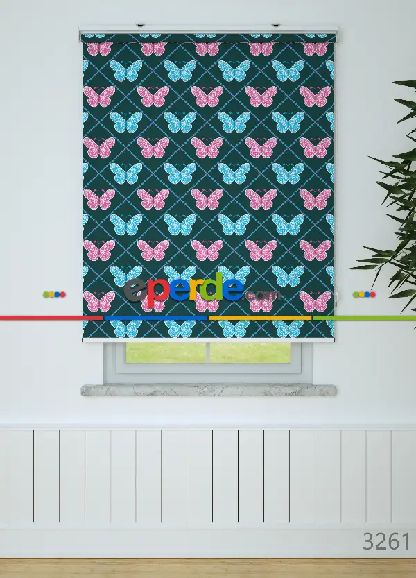 Kelebek Desenli Baskılı Stor Perde Pembe -mavi