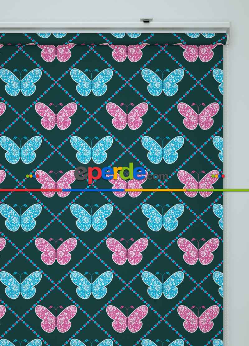 Kelebek Desenli Baskılı Stor Perde Pembe -mavi