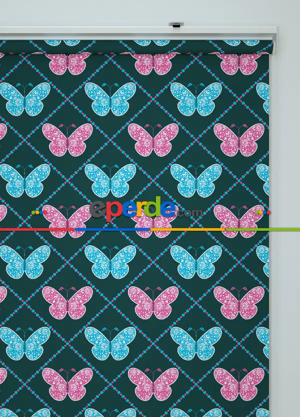 Kelebek Desenli Baskılı Stor Perde Pembe -mavi