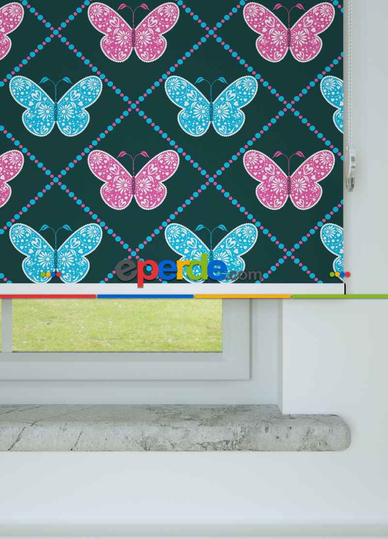 Kelebek Desenli Baskılı Stor Perde Pembe -mavi