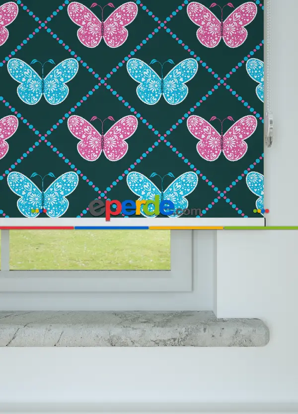 Kelebek Desenli Baskılı Stor Perde Pembe -mavi