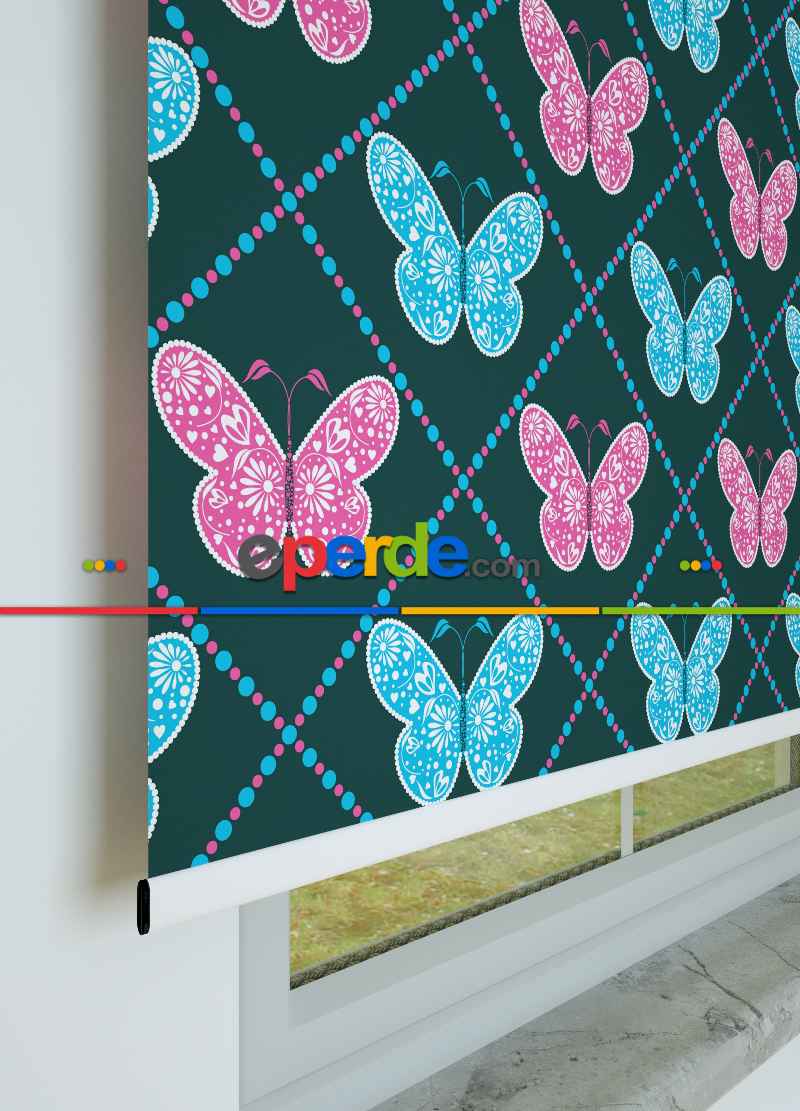 Kelebek Desenli Baskılı Stor Perde Pembe -mavi