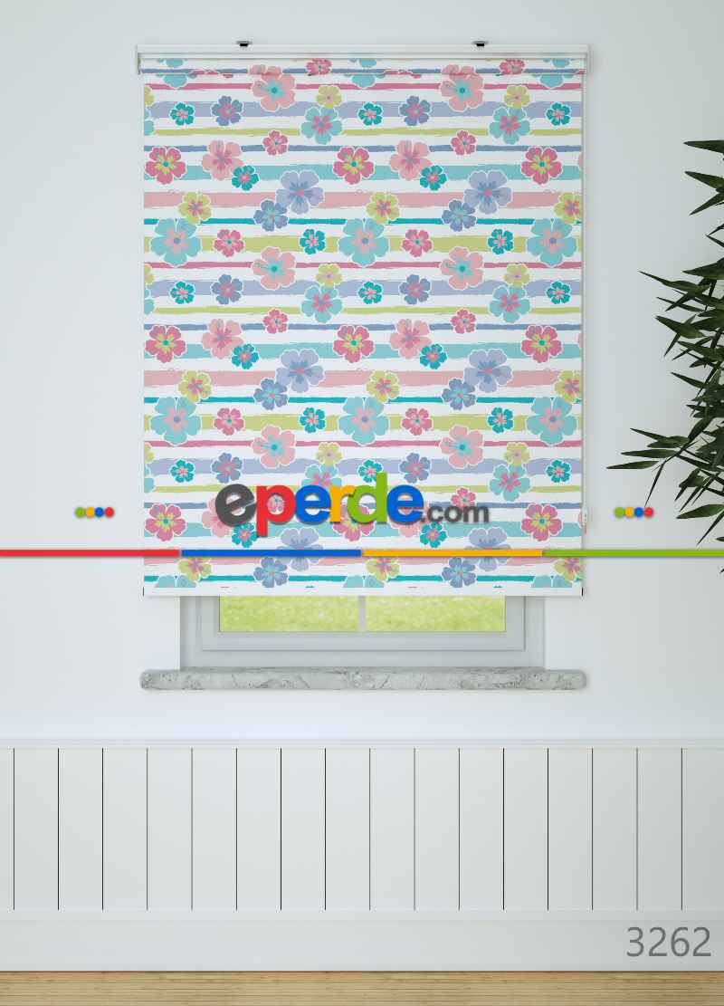 Çiçek Desenli Baskılı Stor Perde-yeşil-mavi-pembe