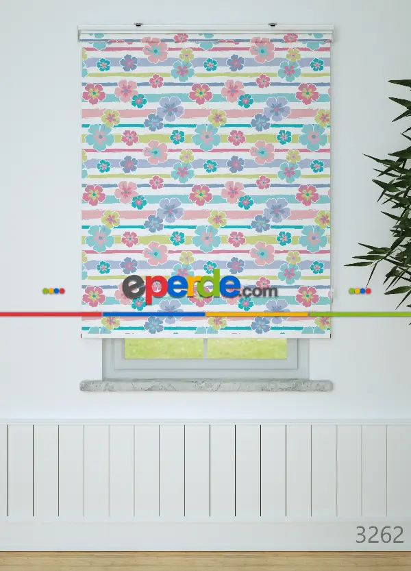 Çiçek Desenli Baskılı Stor Perde-yeşil-mavi-pembe