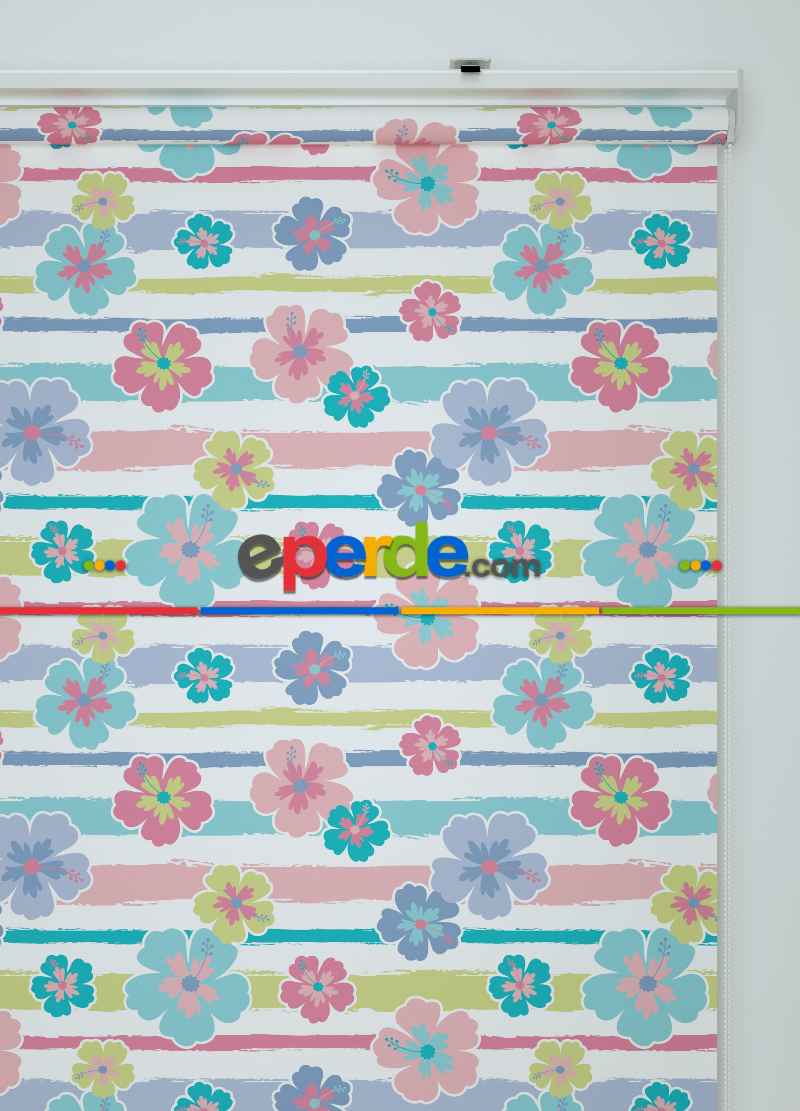 Çiçek Desenli Baskılı Stor Perde-yeşil-mavi-pembe